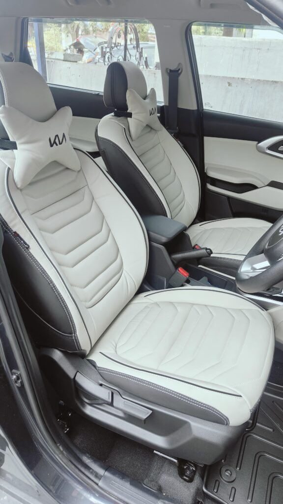 "Custom dual-tone (Black & Tan) leatherette seat covers by Perfect Premium, designed according to the customer's choice for a sporty and modern interior look."